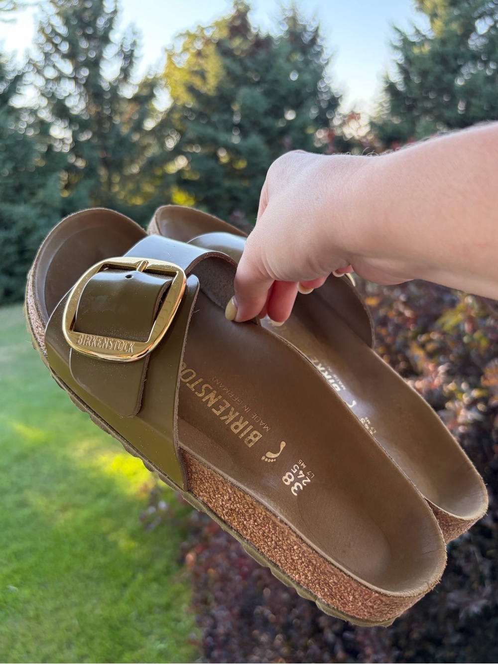 Birkenstock Madrid big buckle slide sandals high shine olive green 38 7/7.5
